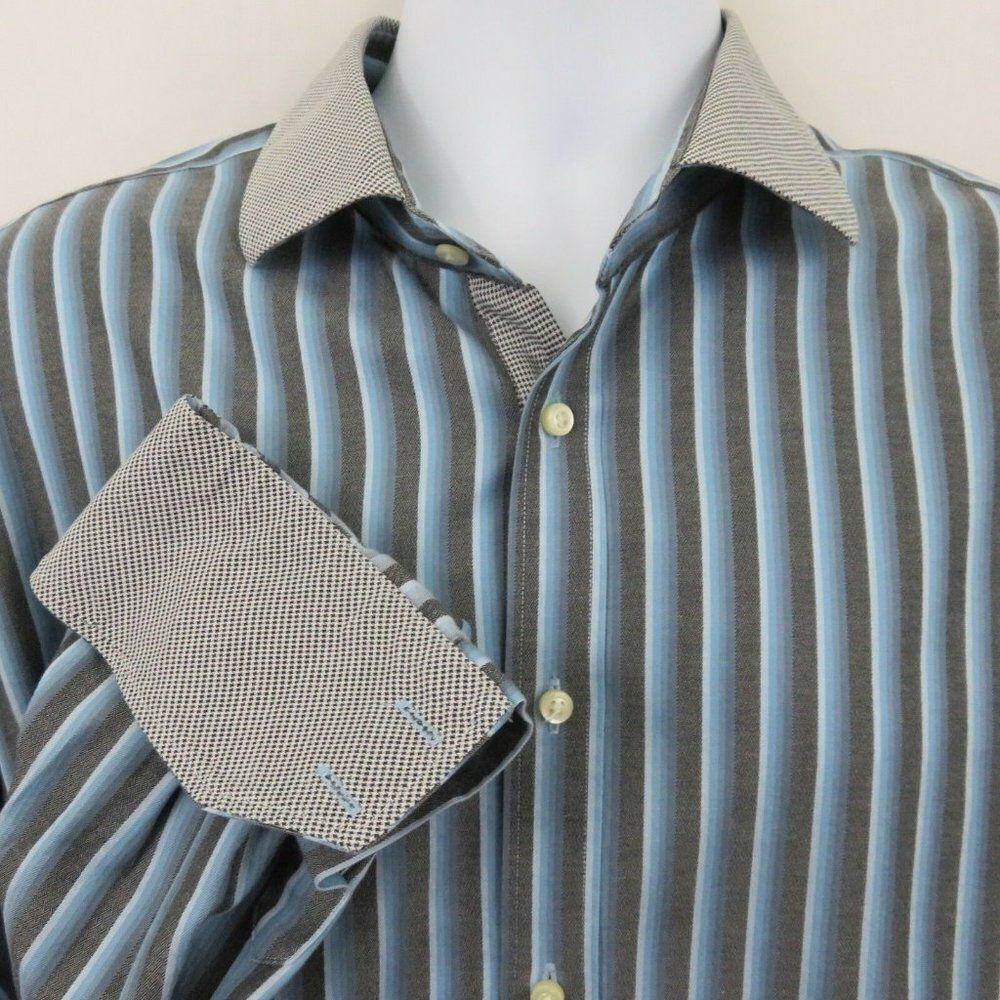 Thomas Dean Stripe Shirt Flip Cuff XL  Blue Black
